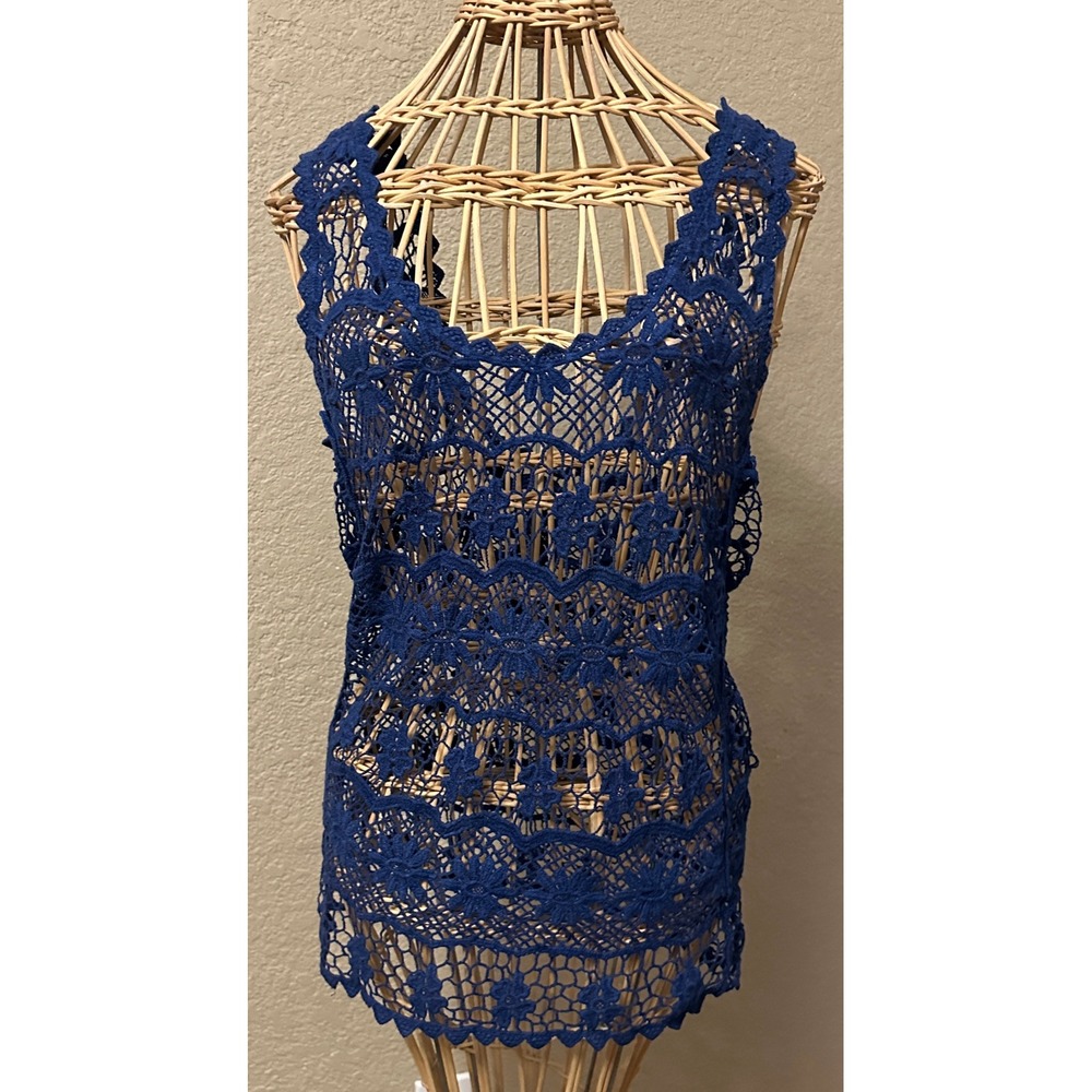 Blue Crochet Lace Tank Top Sleeveless Open Knit Boho Festival Hippie Indie